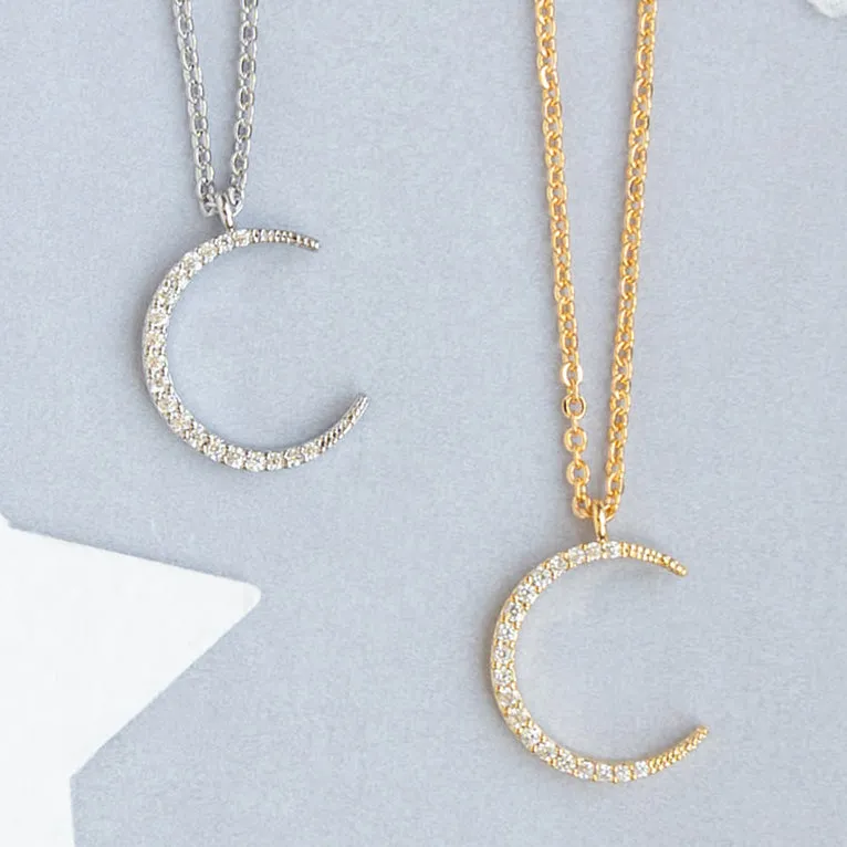 Crescent Moon Charm Pendant Pave Cubic Zirconia Necklace