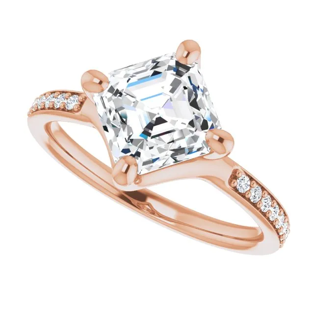 Cubic Zirconia Engagement Ring- The Ashanti (Customizable Asscher Cut Design featuring Thin Band and Shared-Prong Round Accents)