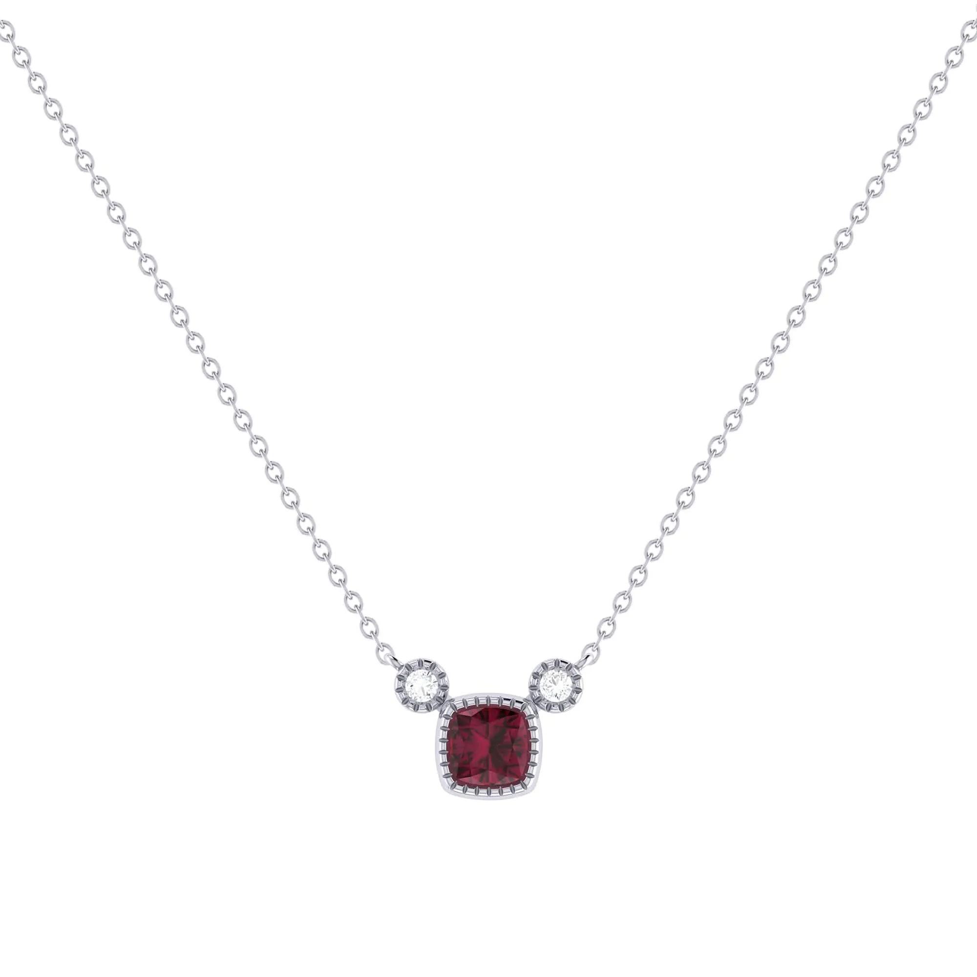 Cushion Cut Ruby & Diamond Pendant Necklace in 14K White Gold - Exquisite July Birthstone Jewelry