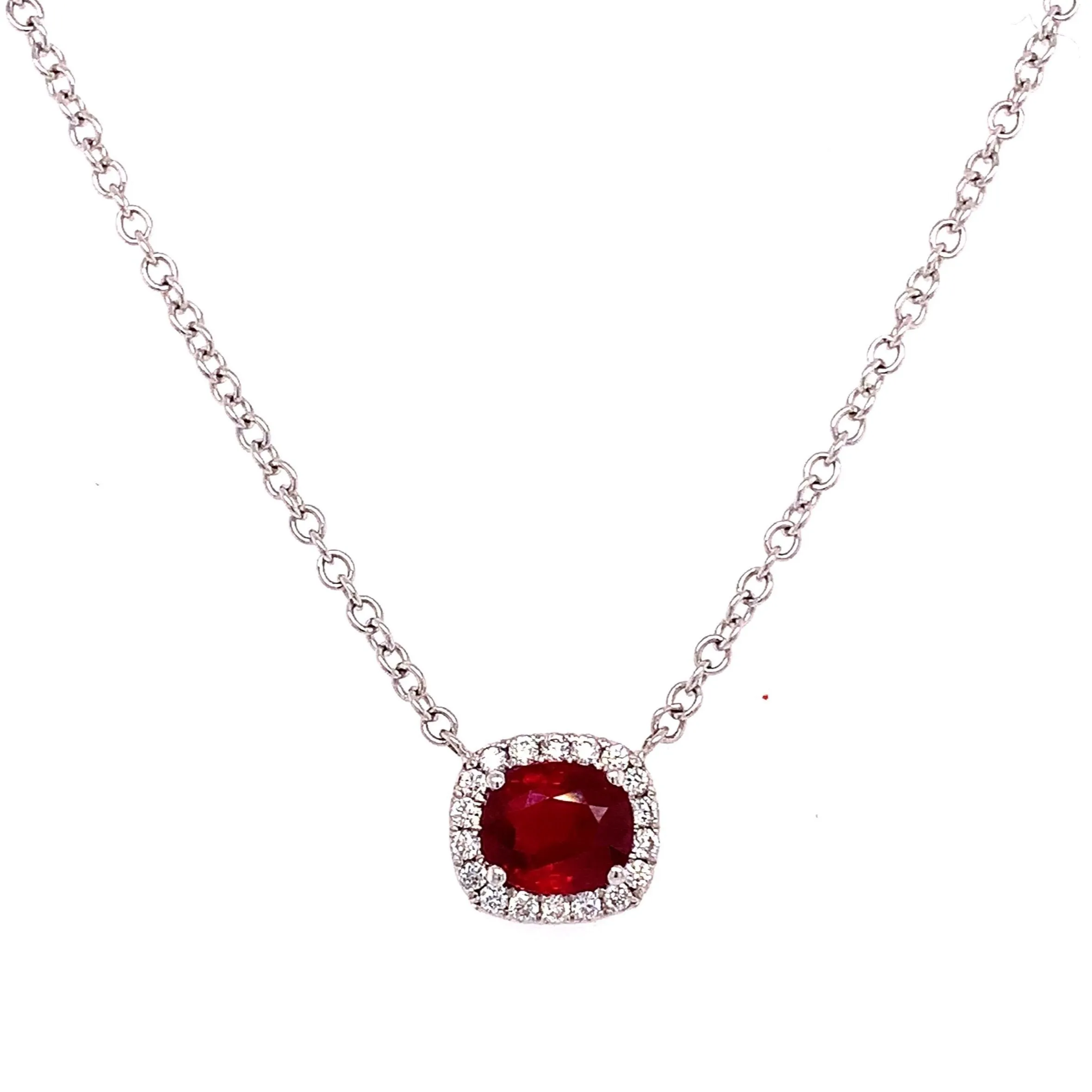 Cushion Cut Ruby Necklace with Diamond Halo