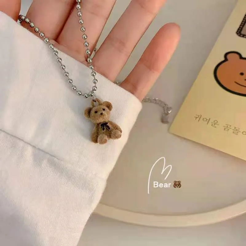 CuteTeddy Bear Pendant Necklace for Girls Women Korean Fashion Kawaii Bear Long Sweater neck Chain Necklaces Cute collar Jewelry