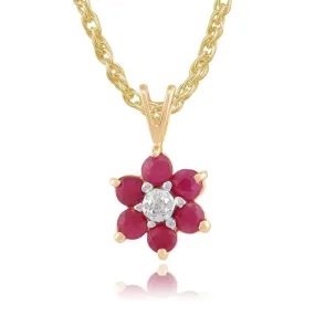 Damen 375 Gold 9ct Gelbgold Rund Six Rubin & Diamant Blumen Cluster Anhänger Halskette Rot 45cm