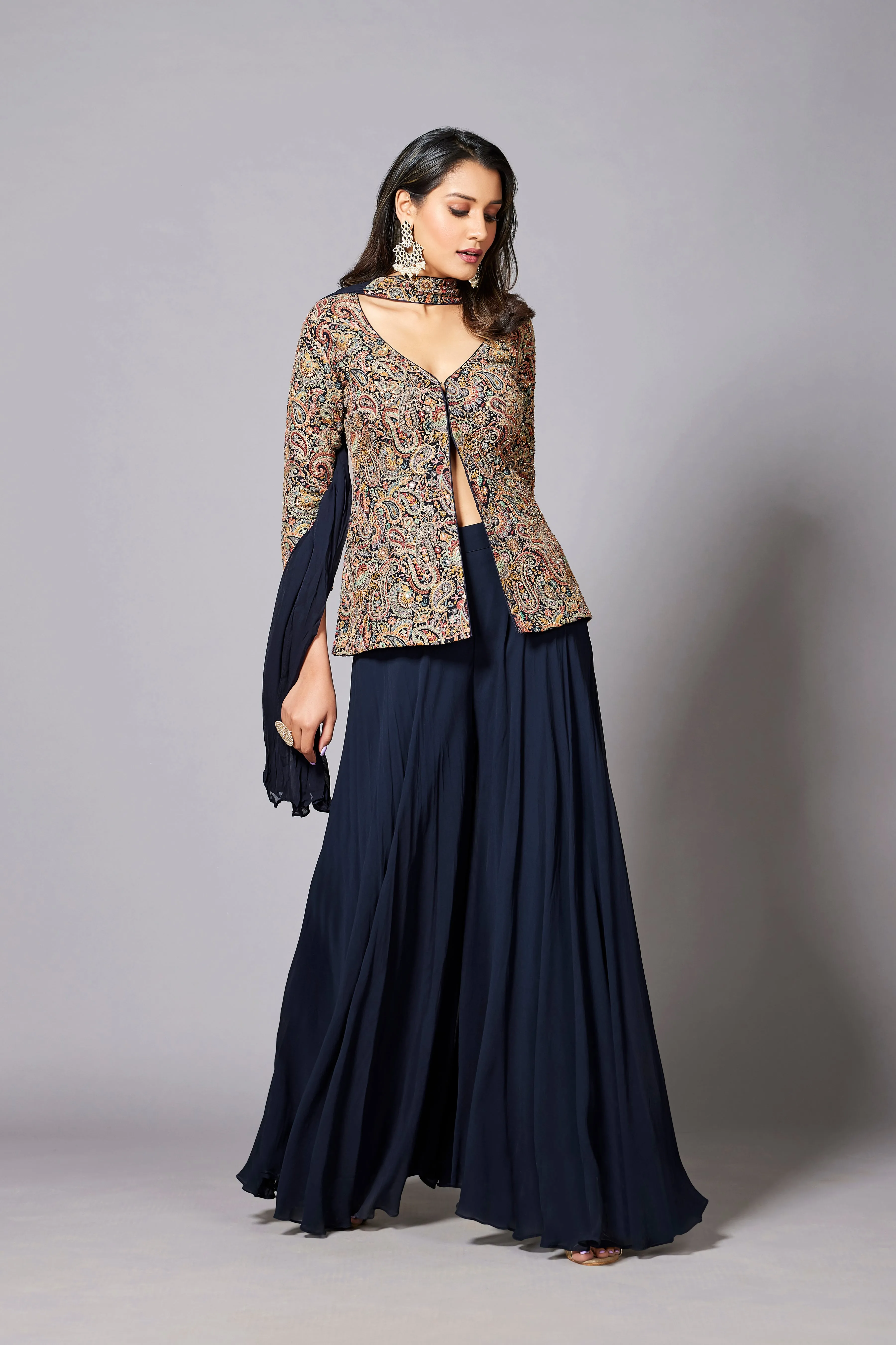 Deep Blue Embroidered Vama Georgette Silk Jacket-Palazzo Set