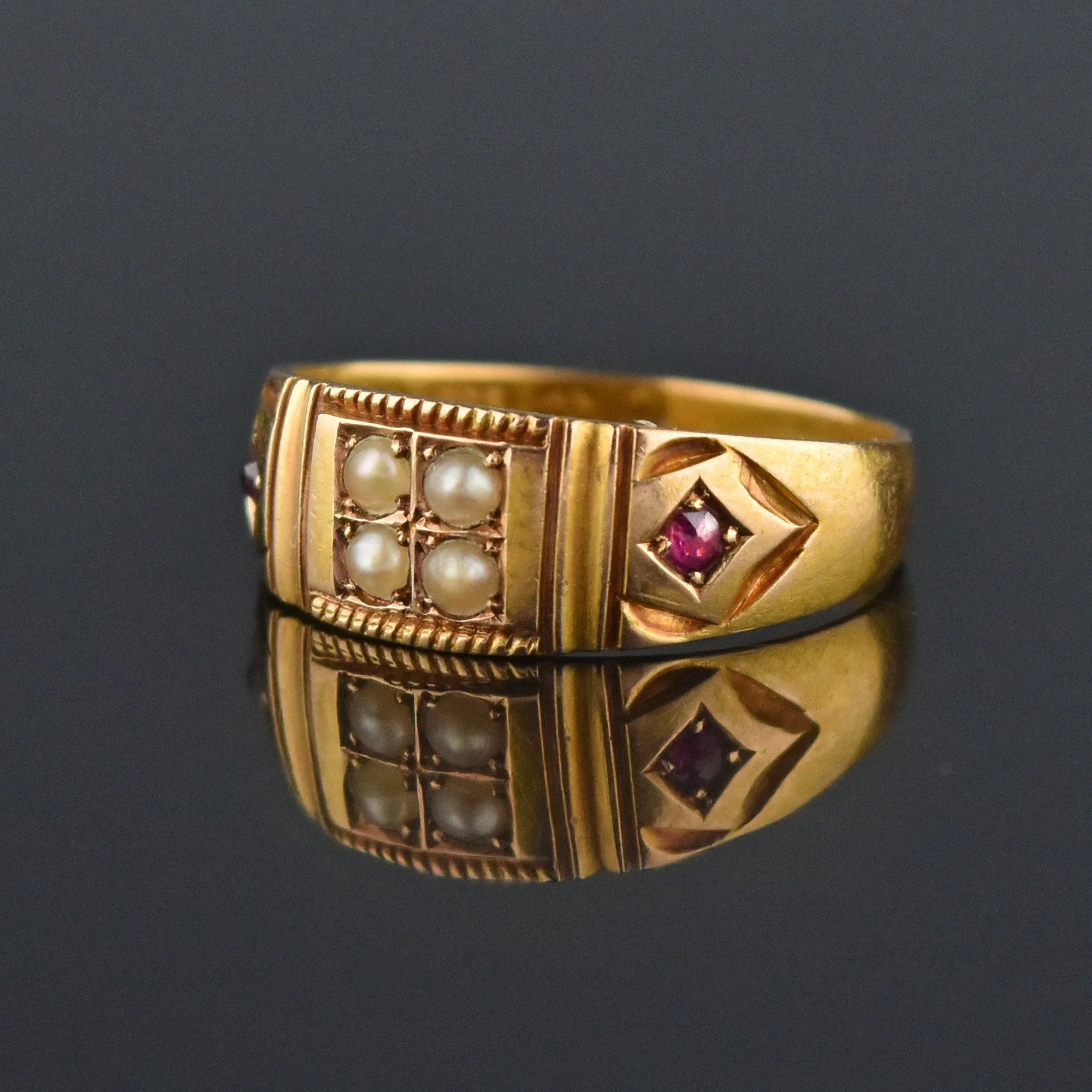 DEPOSIT Antique 15K Gold Ruby Pearl Gypsy Band Ring, C 1880s