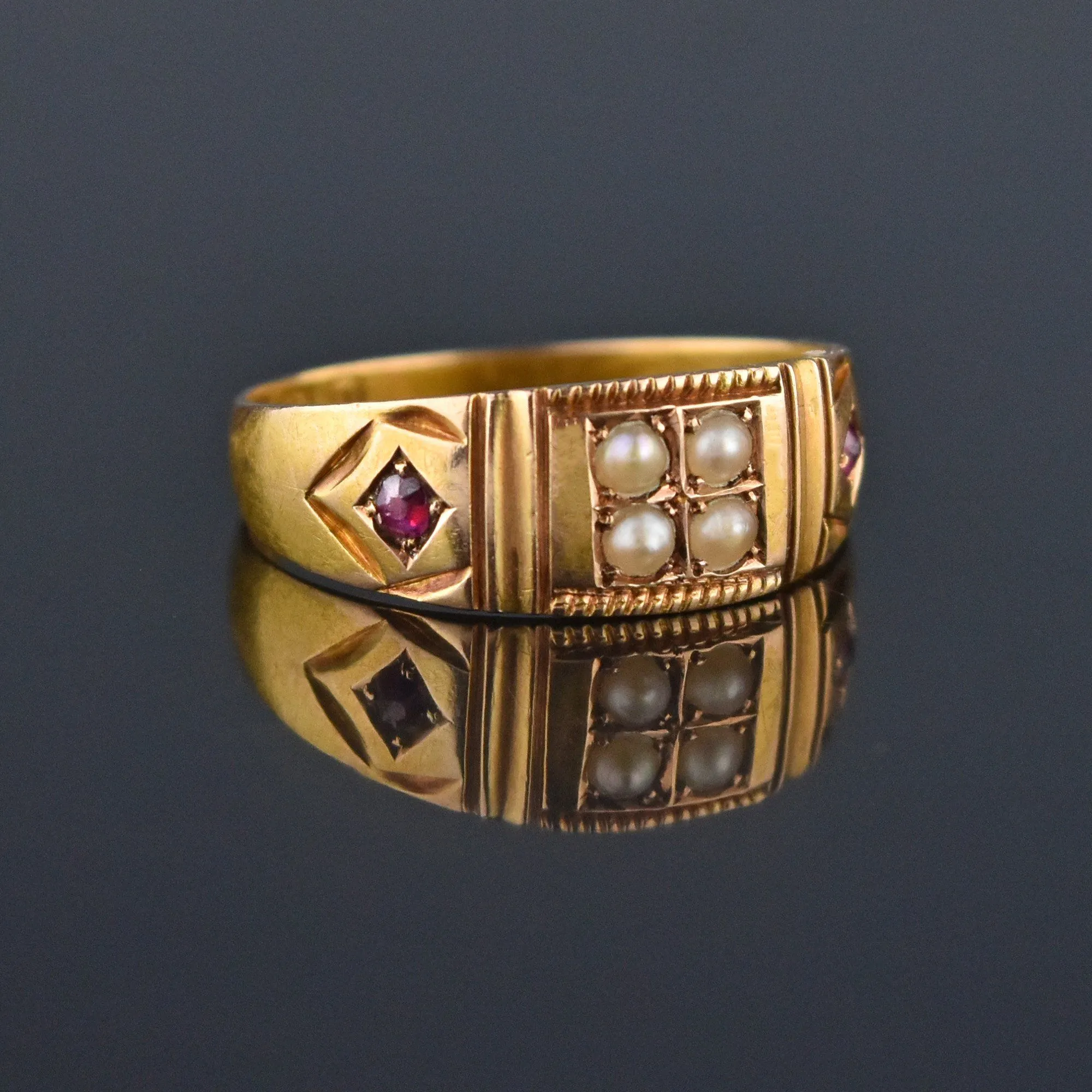 DEPOSIT Antique 15K Gold Ruby Pearl Gypsy Band Ring, C 1880s