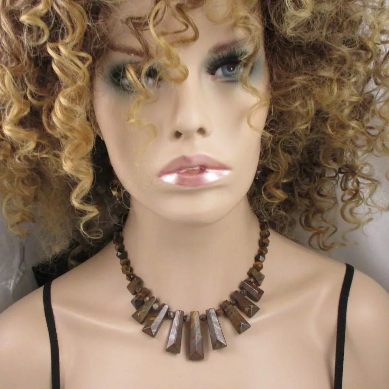 Designer Tiger Eye Gemstone Rich Brown Bib Necklace & Earrings