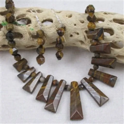 Designer Tiger Eye Gemstone Rich Brown Bib Necklace & Earrings