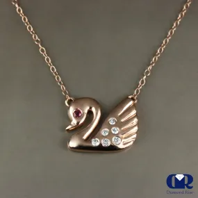 Diamond & Ruby Swan Pendant Necklace In 14K Rose Gold