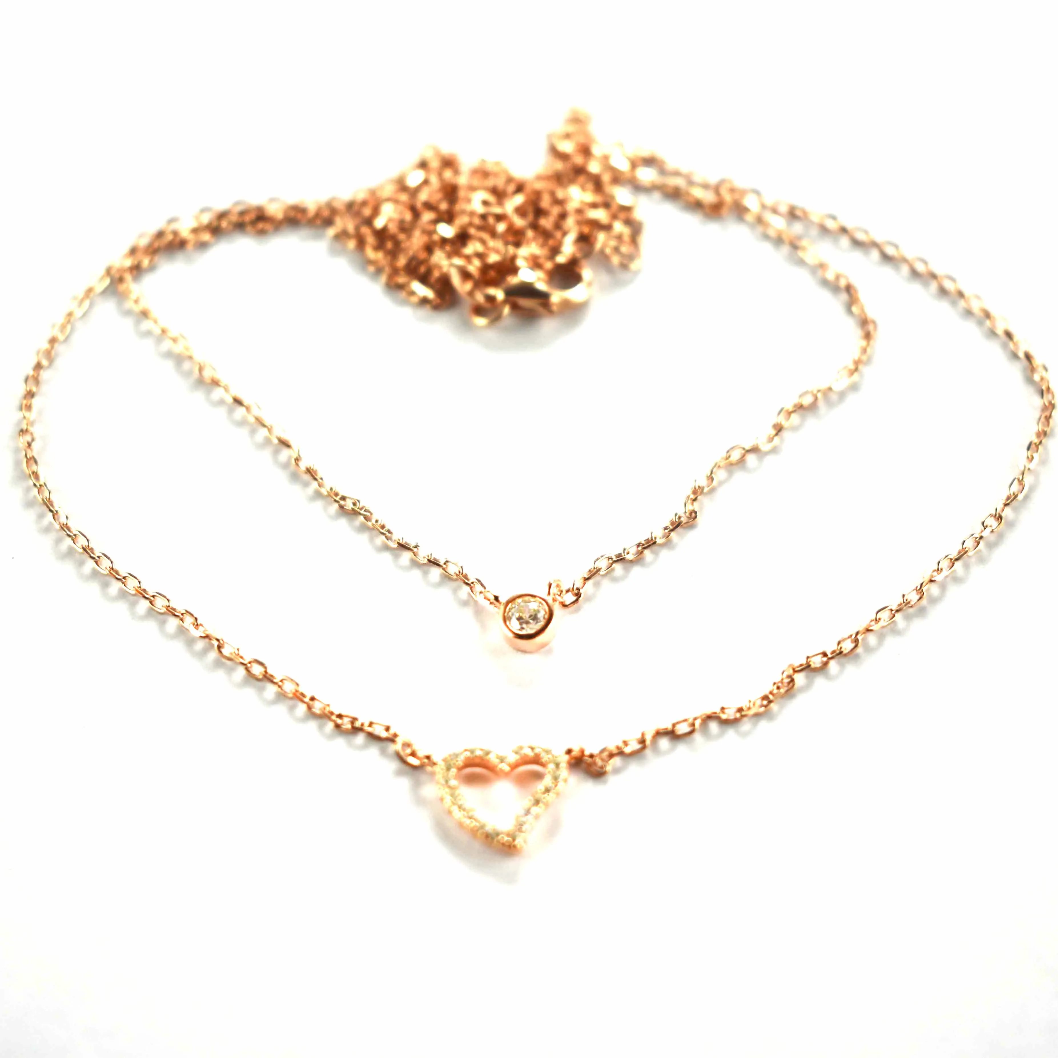 Double chain silver necklace with white CZ & pink gold plating