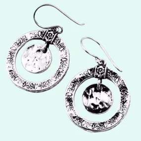 Earrings Sterling Silver 925 Texture Circles Pending Floral Pendant ribbon