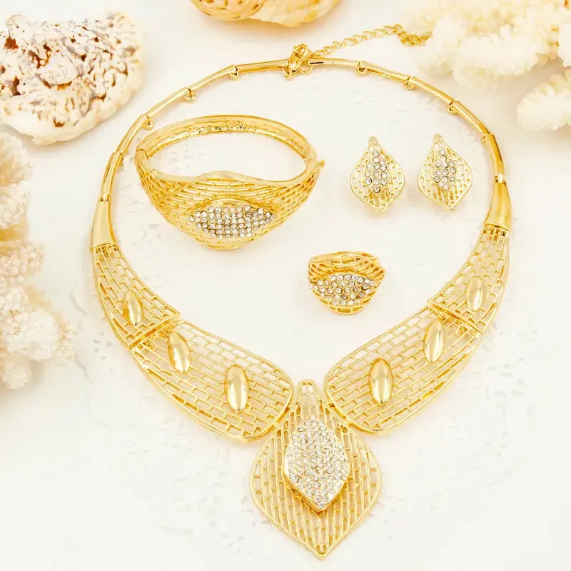 Elegant 18k Gold Plated Necklace Earring Bangle Jewelry Party Set