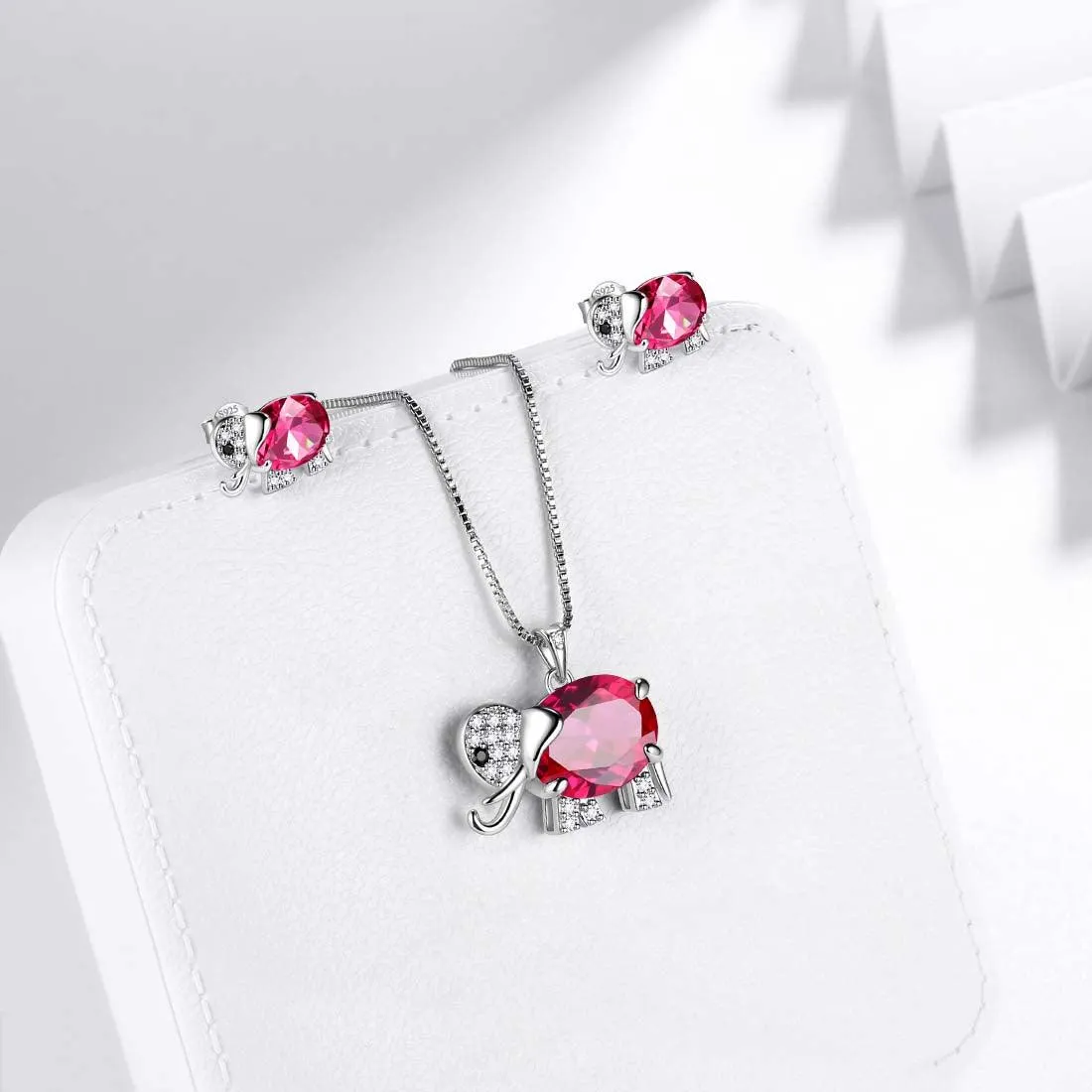 Elephant Birthstone July Ruby Jewelry Set 3PCS Women Girls Birthday Gift