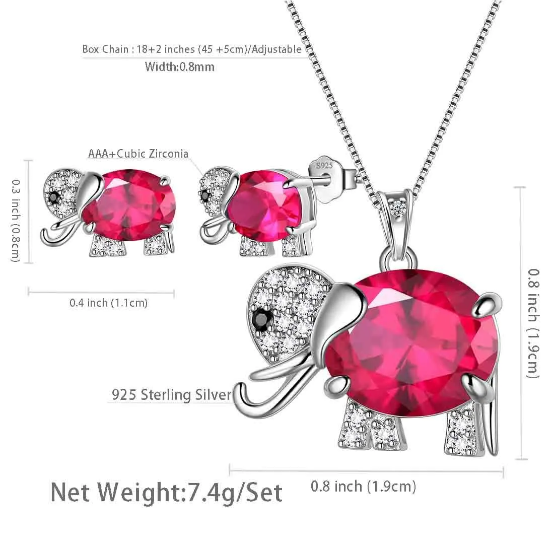 Elephant Birthstone July Ruby Jewelry Set 3PCS Women Girls Birthday Gift