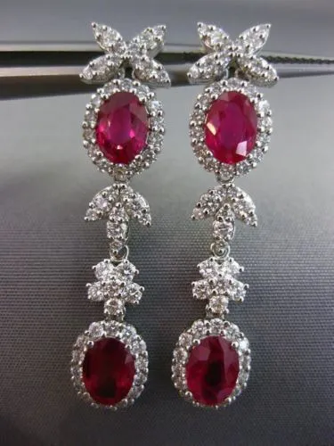 ESTATE LARGE CERTIFIED 4.77CT DIAMOND & RUBY 18KT WHITE GOLD FLORAL EARRINGS E/F