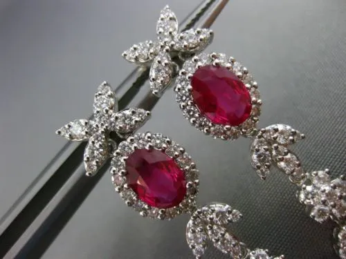 ESTATE LARGE CERTIFIED 4.77CT DIAMOND & RUBY 18KT WHITE GOLD FLORAL EARRINGS E/F