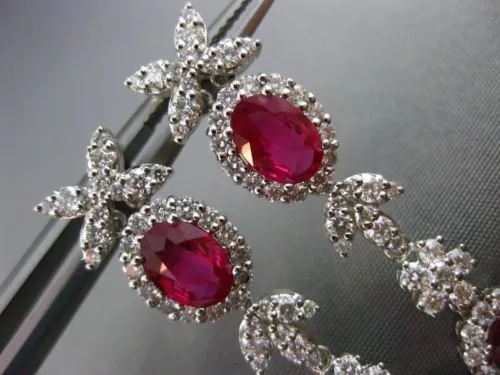 ESTATE LARGE CERTIFIED 4.77CT DIAMOND & RUBY 18KT WHITE GOLD FLORAL EARRINGS E/F