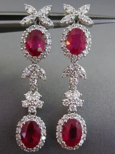 ESTATE LARGE CERTIFIED 4.77CT DIAMOND & RUBY 18KT WHITE GOLD FLORAL EARRINGS E/F