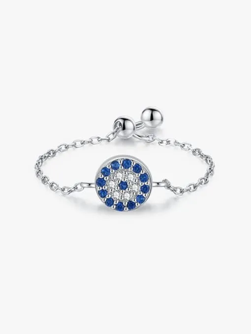 Evil Eye Lucky Eye Diamond CZ Sterling Silver Adjustable Chain Pull Ring