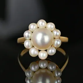 Exceptional 18K Gold Halo Cluster Pearl Ring