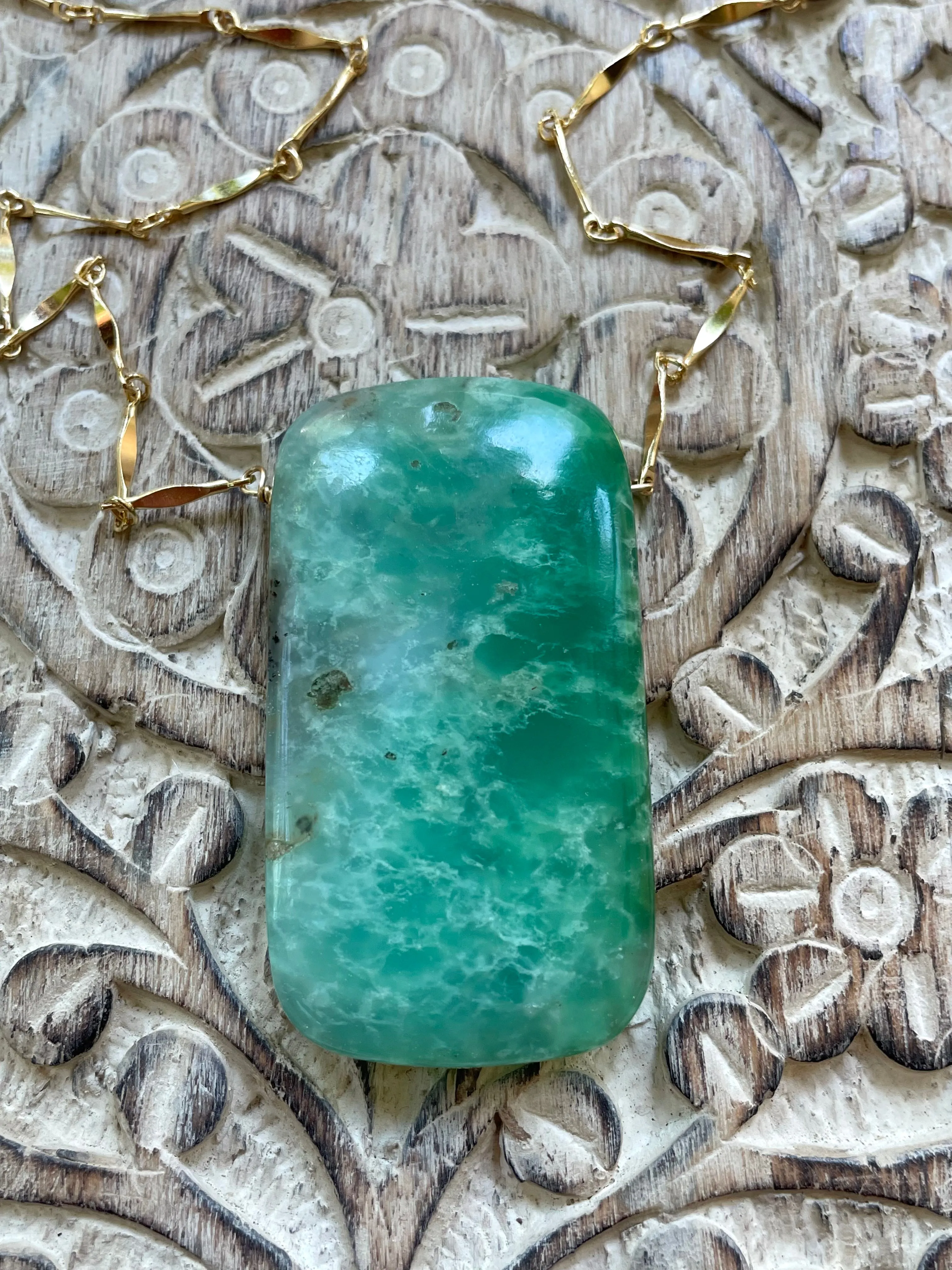 Extra Large Chrysoprase Crystal Necklace on Gold Fill 18”