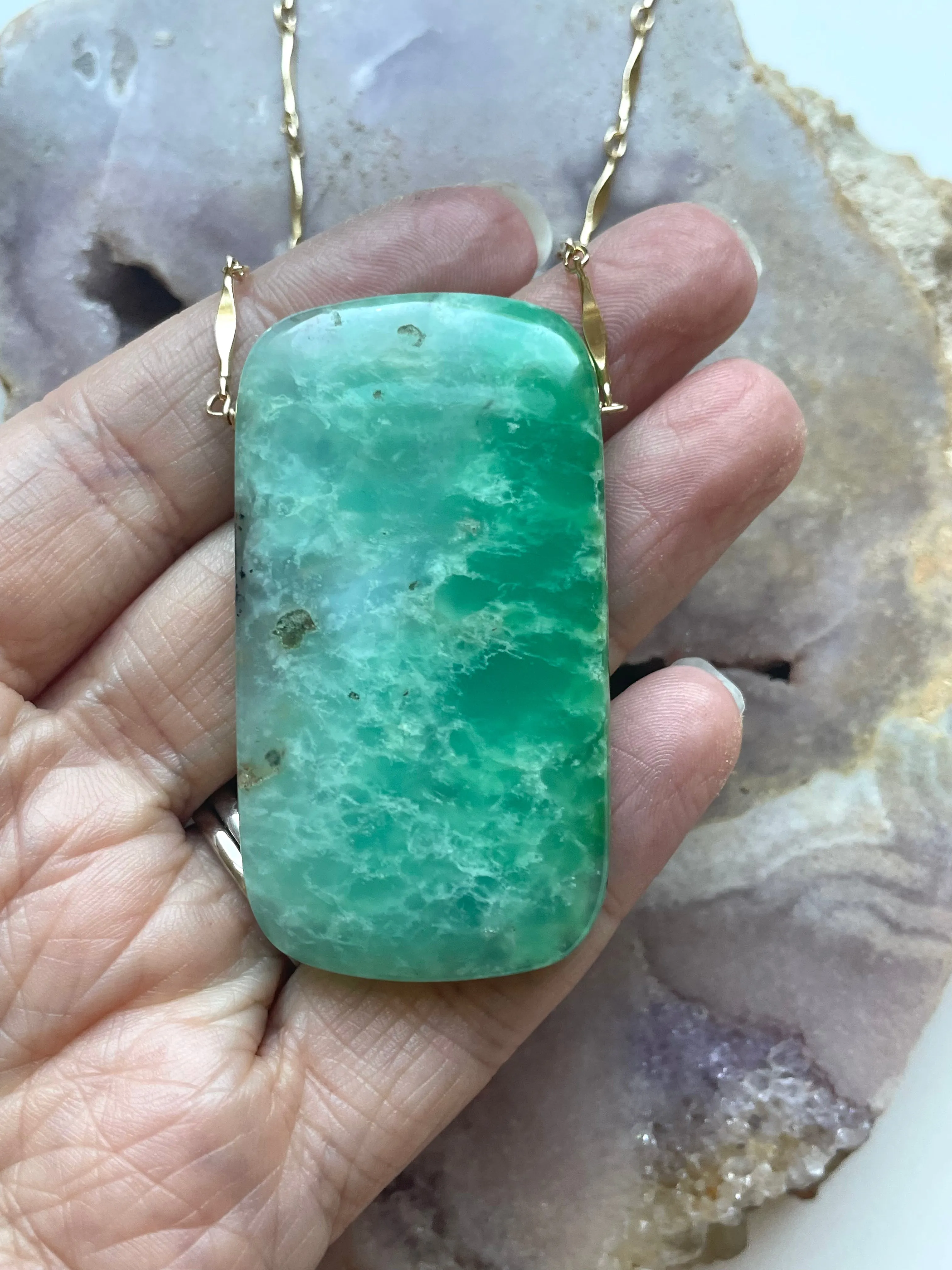 Extra Large Chrysoprase Crystal Necklace on Gold Fill 18”