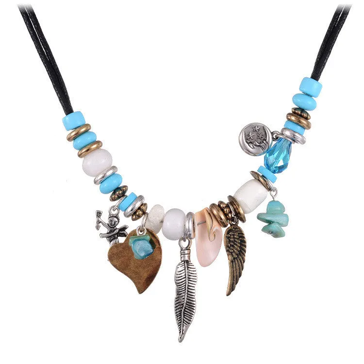 Fashion Jewelry New Turquoise Pendant Necklaces Blue Beads Shell Leaf Shape Handcraft Rope Chain Necklace Statement Bijoux