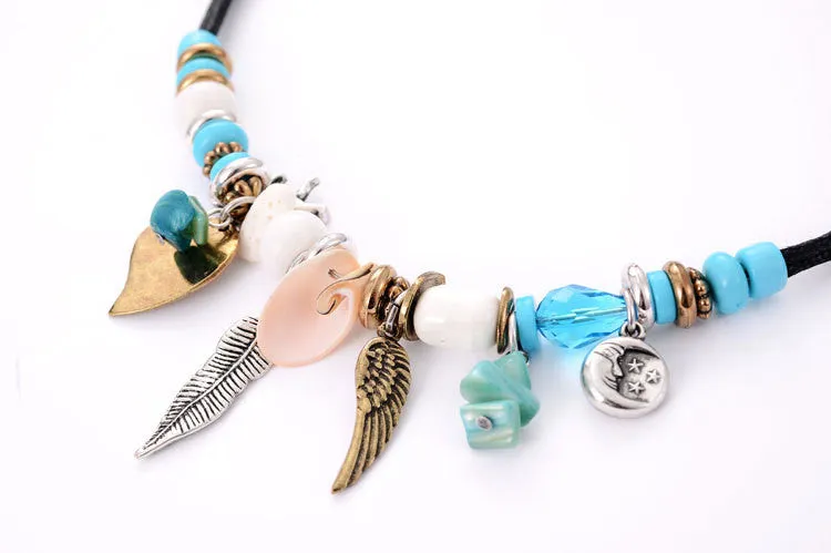 Fashion Jewelry New Turquoise Pendant Necklaces Blue Beads Shell Leaf Shape Handcraft Rope Chain Necklace Statement Bijoux