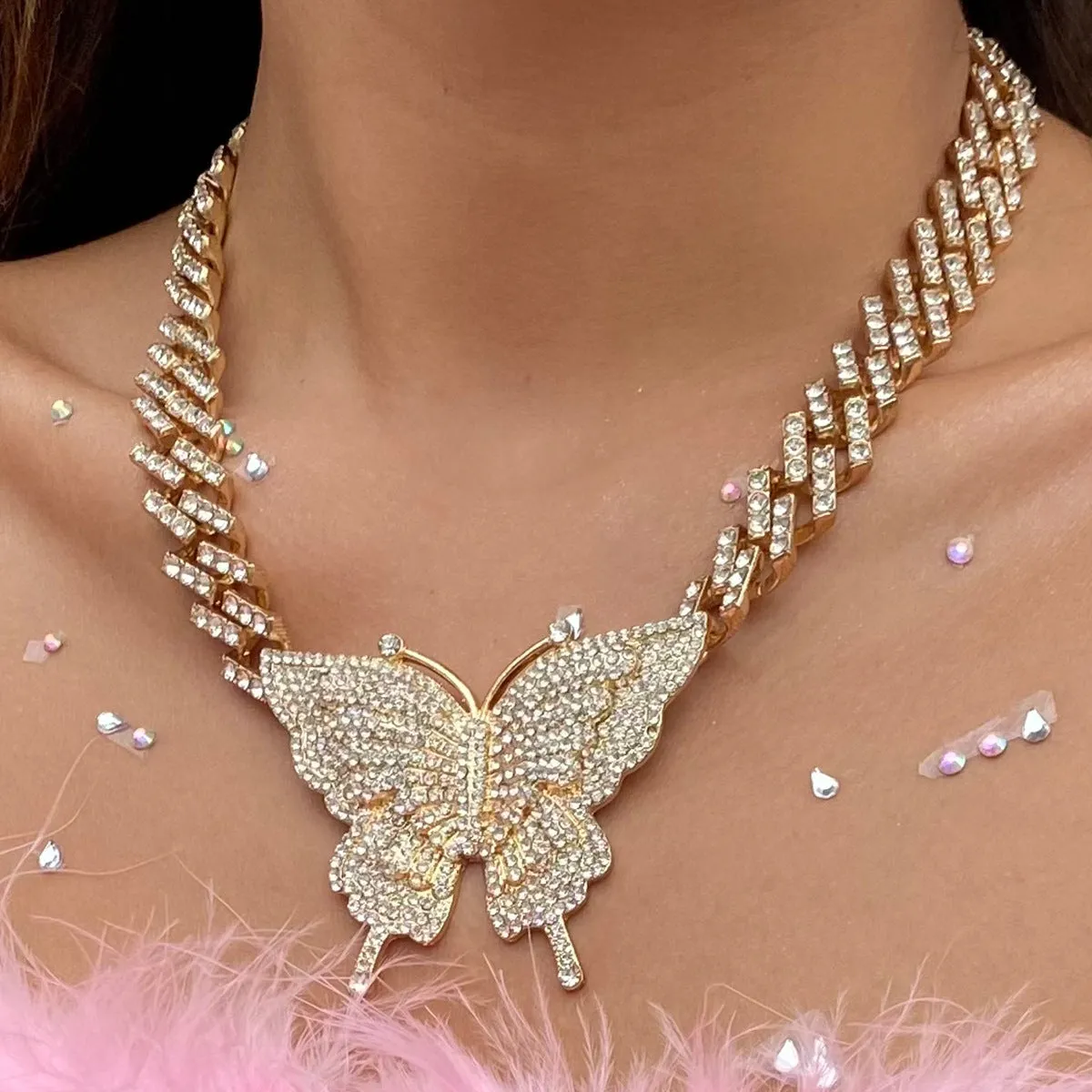 Fashionable Chain Necklace Hip hop Women Big Rhinestone Crystal Butterfly Pendant Necklace Jewelry