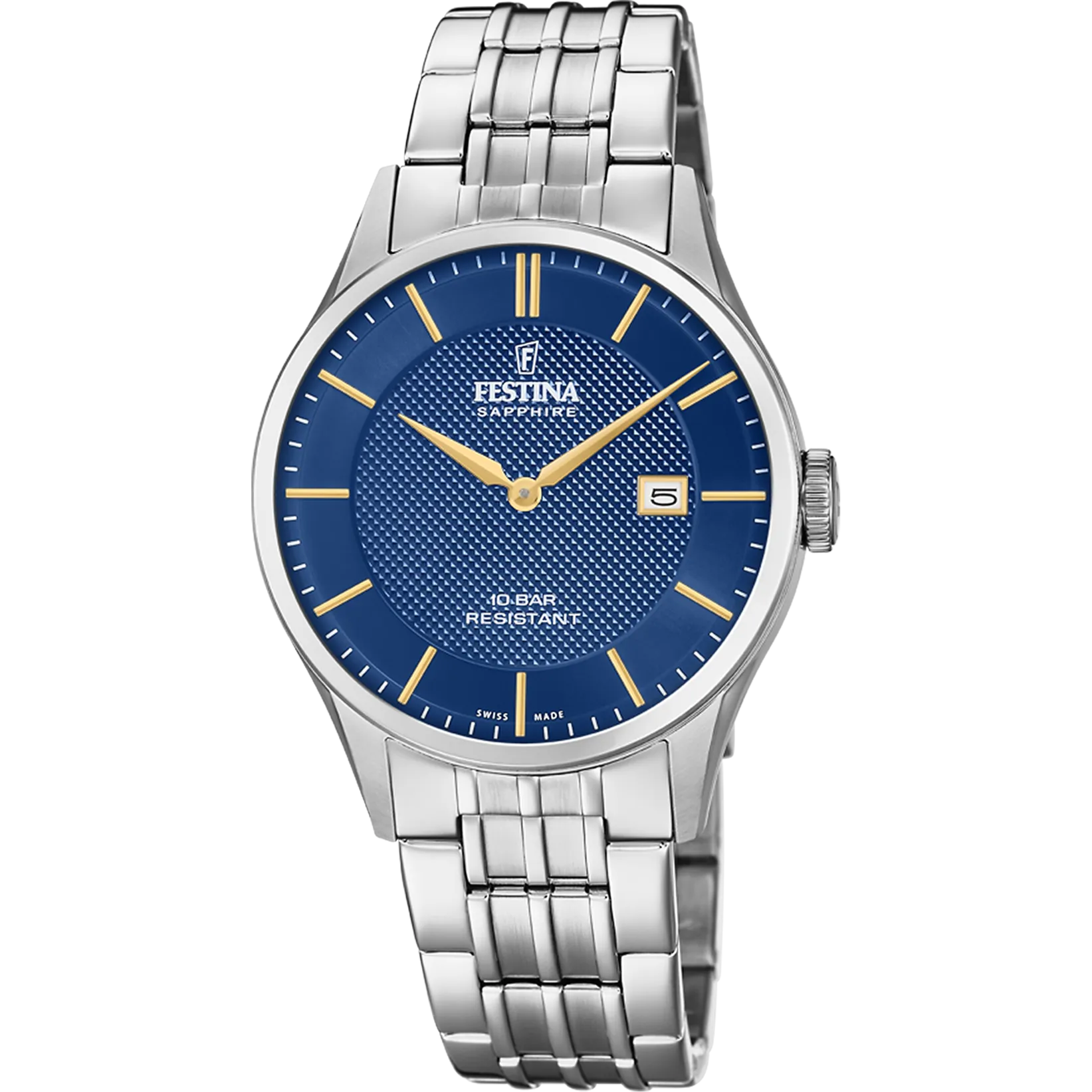 Festina Swiss Quarts Date 100M WR Yellow Accents Stainless Steel Case and Bracelet