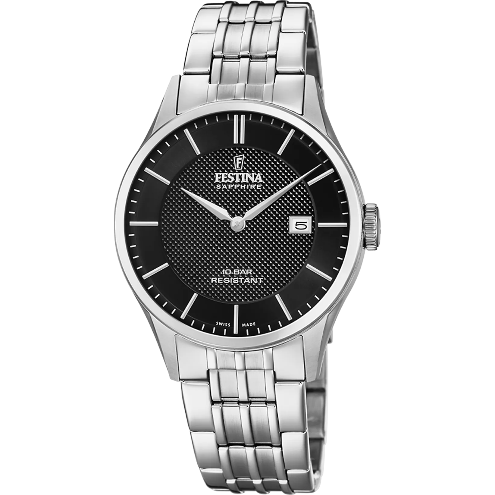 Festina Swiss Quartz Date 100M WR Black Dial Stainless Steel Case & Bracelet