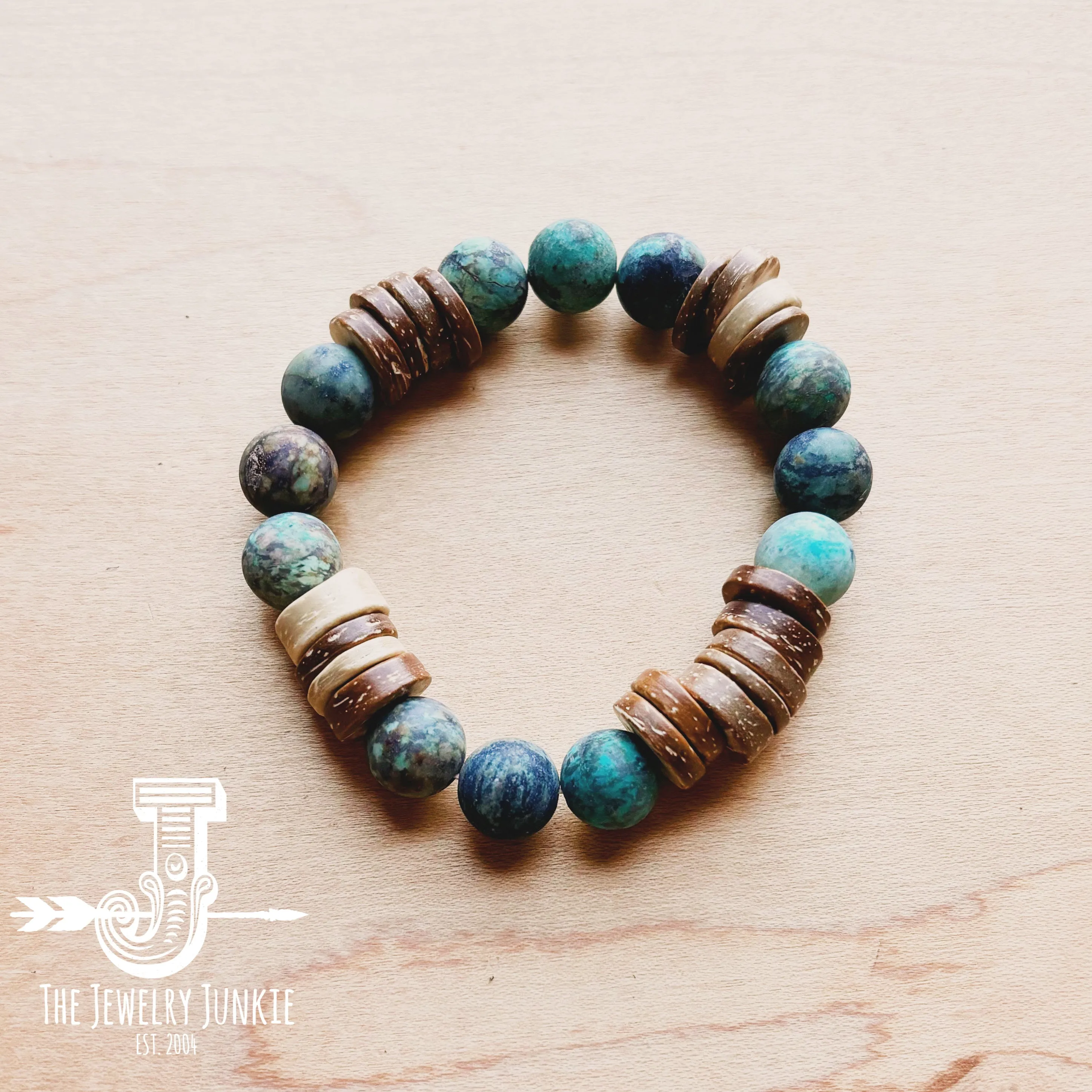 Frosted African Turquoise and Wood Stretch Bracelet (808x)