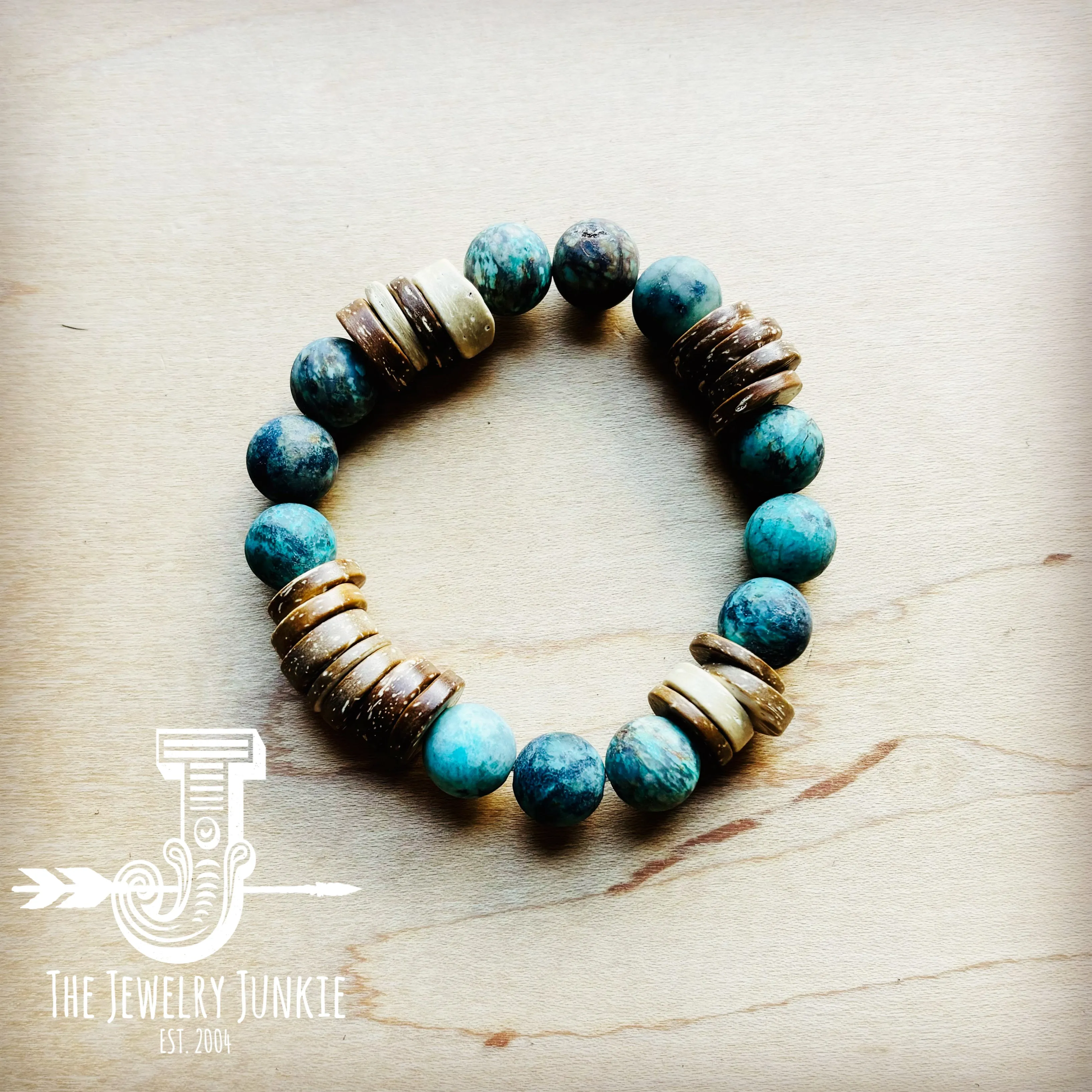 Frosted African Turquoise and Wood Stretch Bracelet (808x)