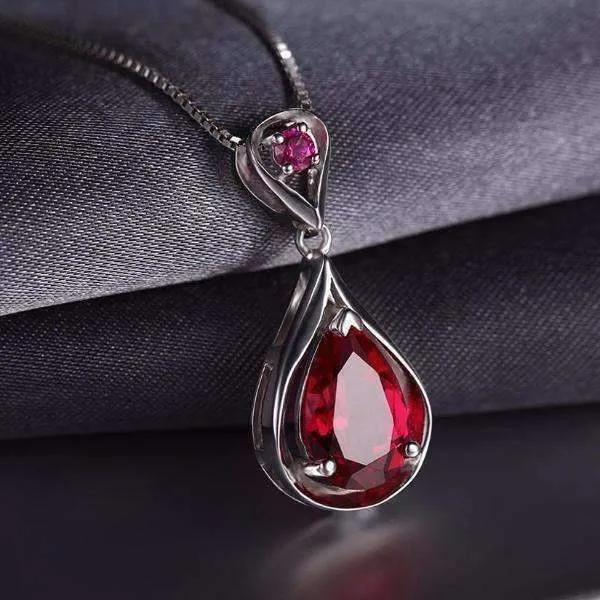 Gala 3.8CT Pear Drop Simulated Pigeon Blood Ruby IOBI Precious Gems 925 Sterling Silver Pendant