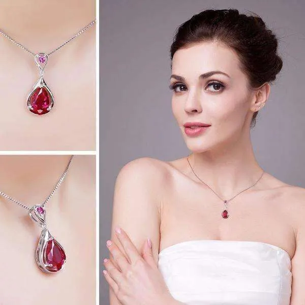 Gala 3.8CT Pear Drop Simulated Pigeon Blood Ruby IOBI Precious Gems 925 Sterling Silver Pendant