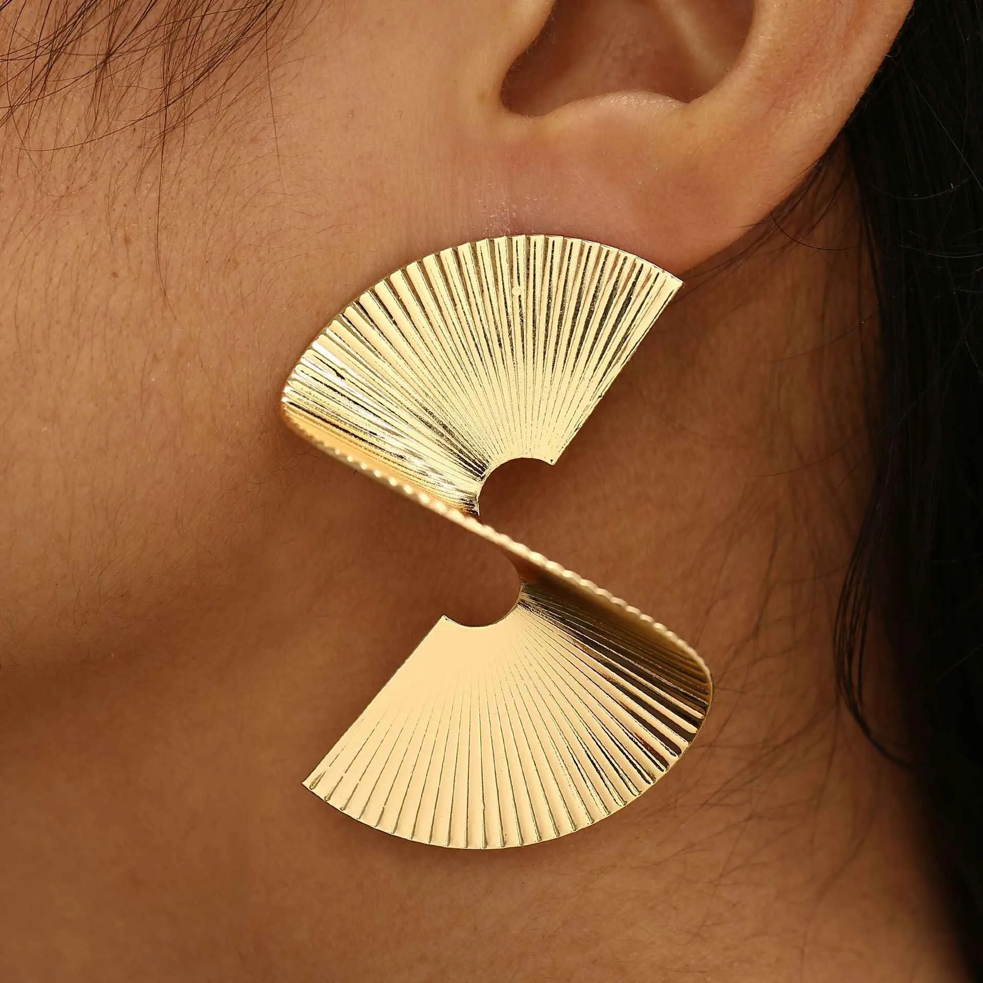 Gold & Silver Fan Earrings for Women | 18K Yellow Gold Plated | Unique and Elegant | Big Exaggerated Swirling Strip