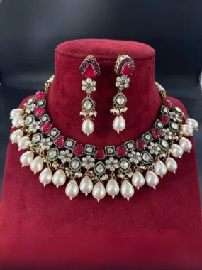 Gold Finish Multi Colored Kundan Necklace Set