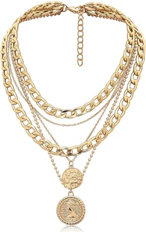 Gold Layered Necklaces With Retro Coin Pendant, Dainty and Chunky Chain Choker Necklaces