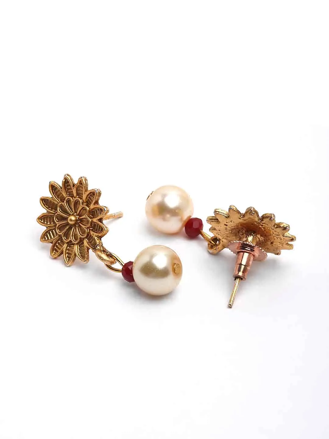 Gold-Plated & Red Pearl Beaded Handcrafted Jewellery Set