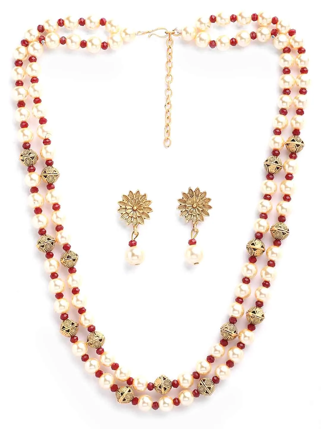 Gold-Plated & Red Pearl Beaded Handcrafted Jewellery Set