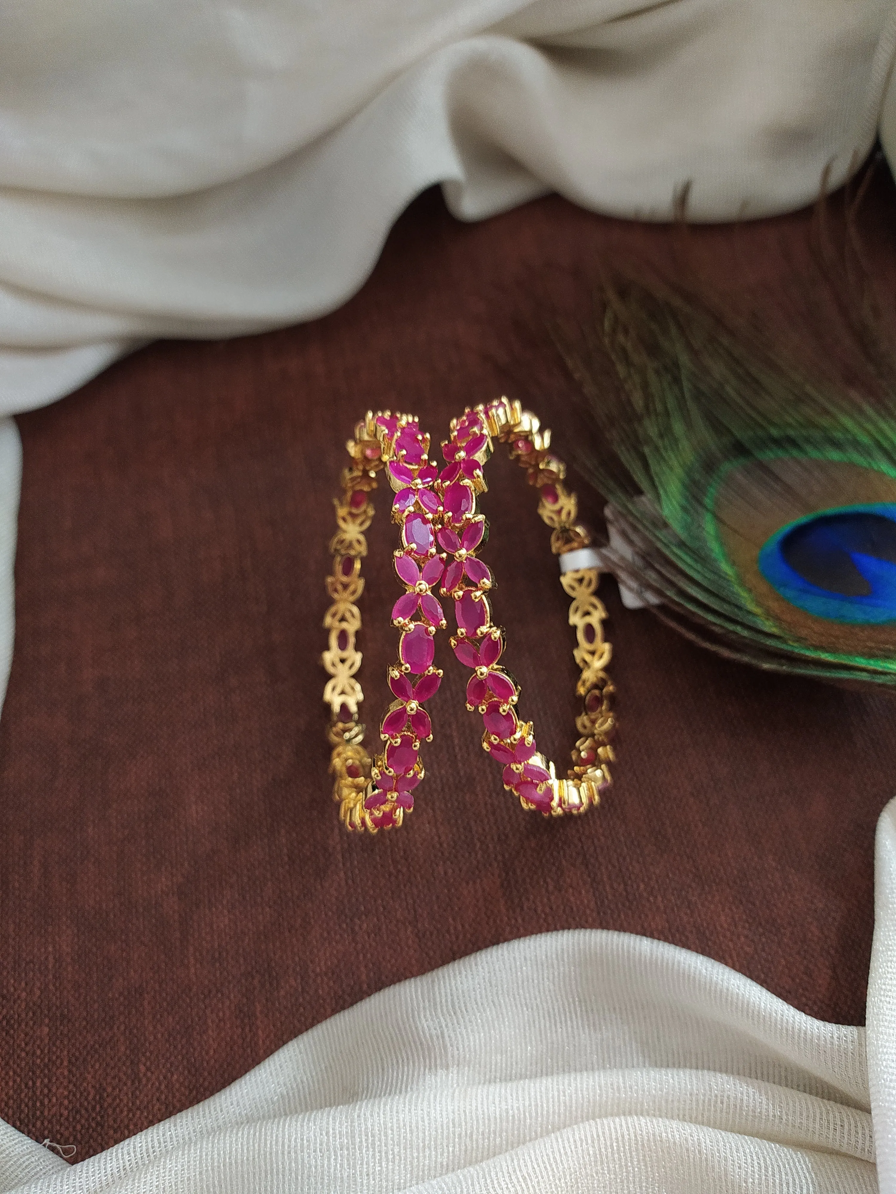 Gold-Plated Diamond Bangles with Ruby Accents (Zircon/AD)