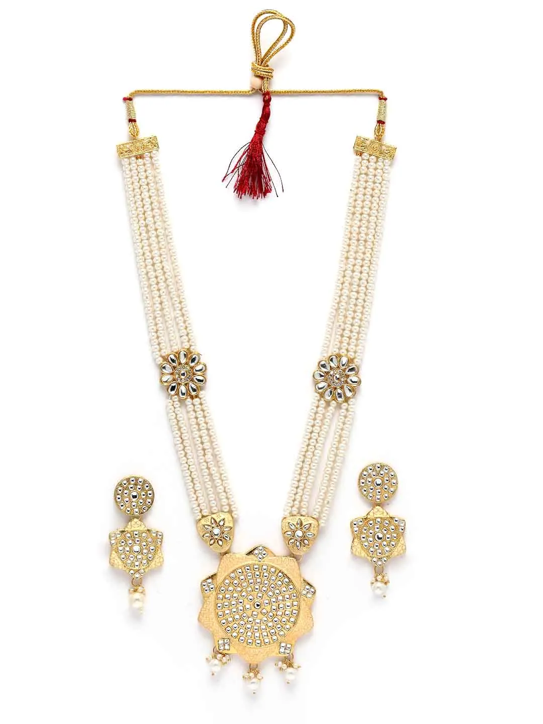 Gold-Plated White Stone-Studded & Pearl Beaded Jewellery Set