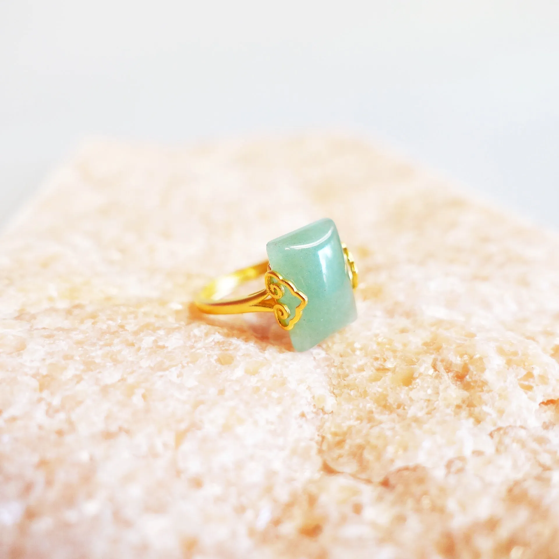 Gold Rectangle Green Aventurine Ring