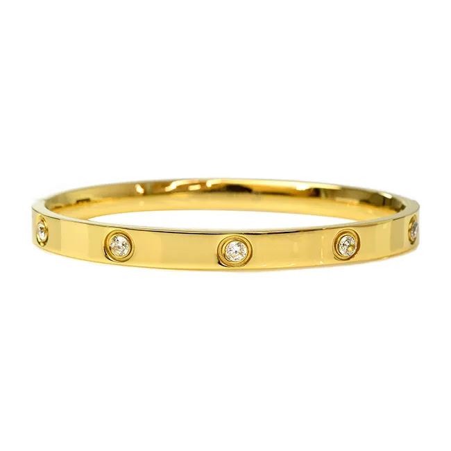 Gold Stainless Steel Bangle Bracelet with Cubic Zirconia Station