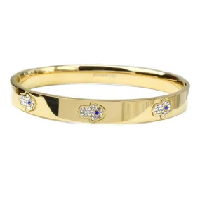 Gold Stainless Steel Bangle Bracelet with CZ Hamsa Stations