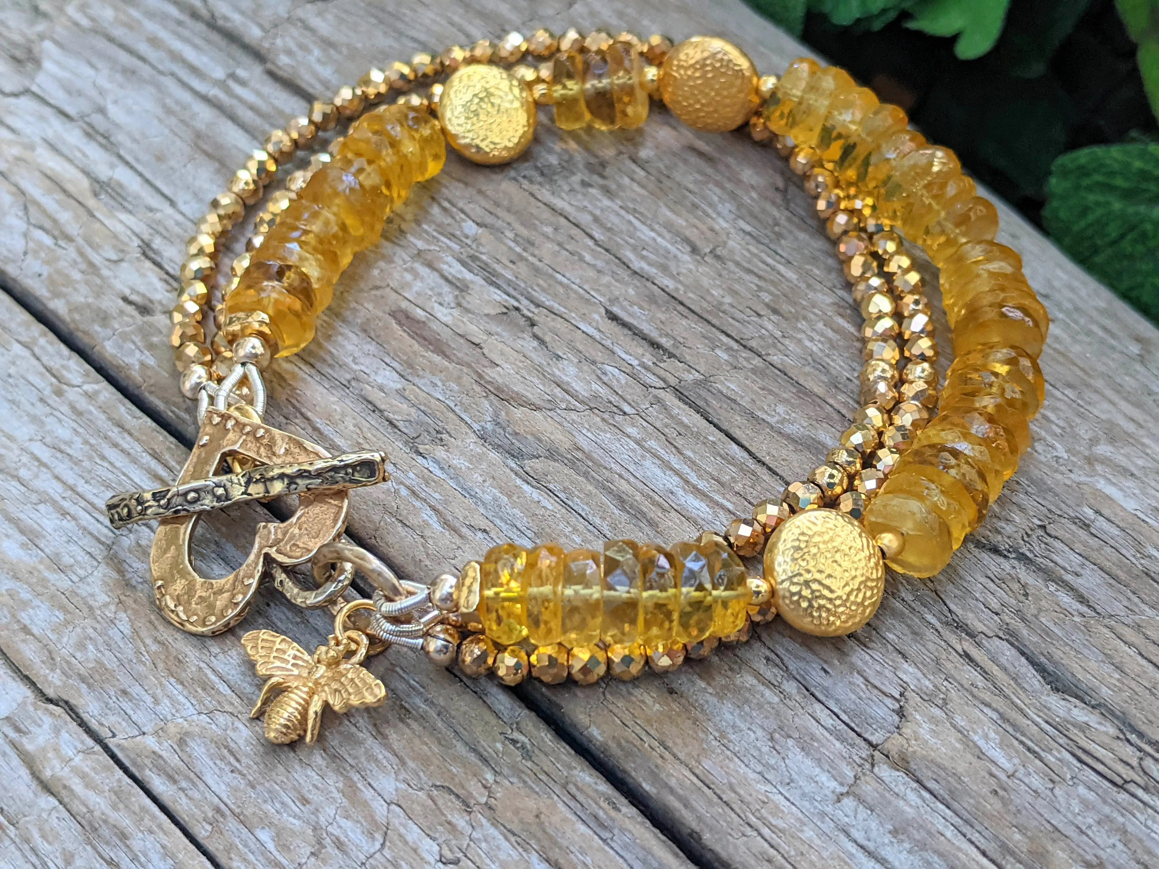 Golden Citrine & 24 kt filled Hematite Honey Bee Bracelet