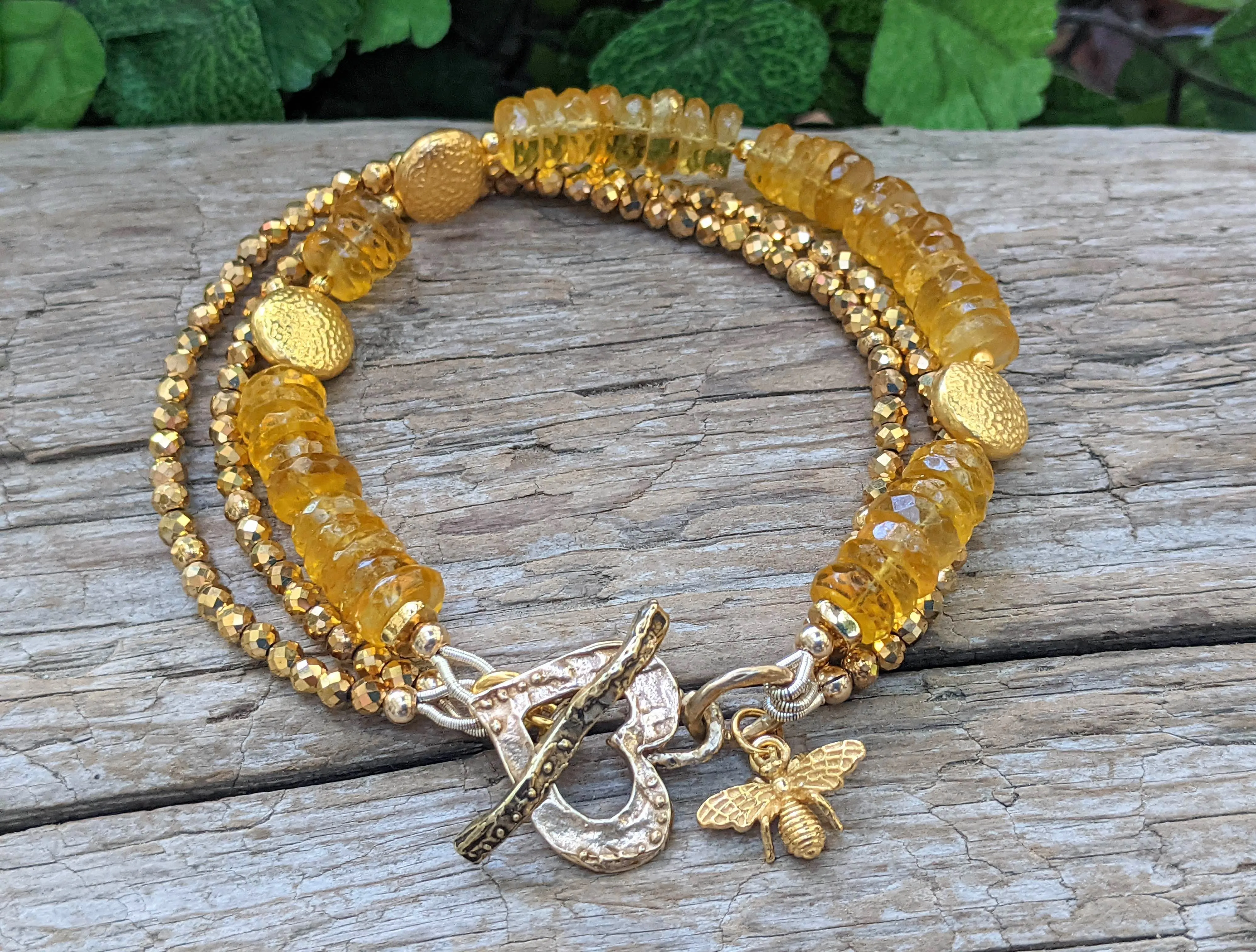 Golden Citrine & 24 kt filled Hematite Honey Bee Bracelet