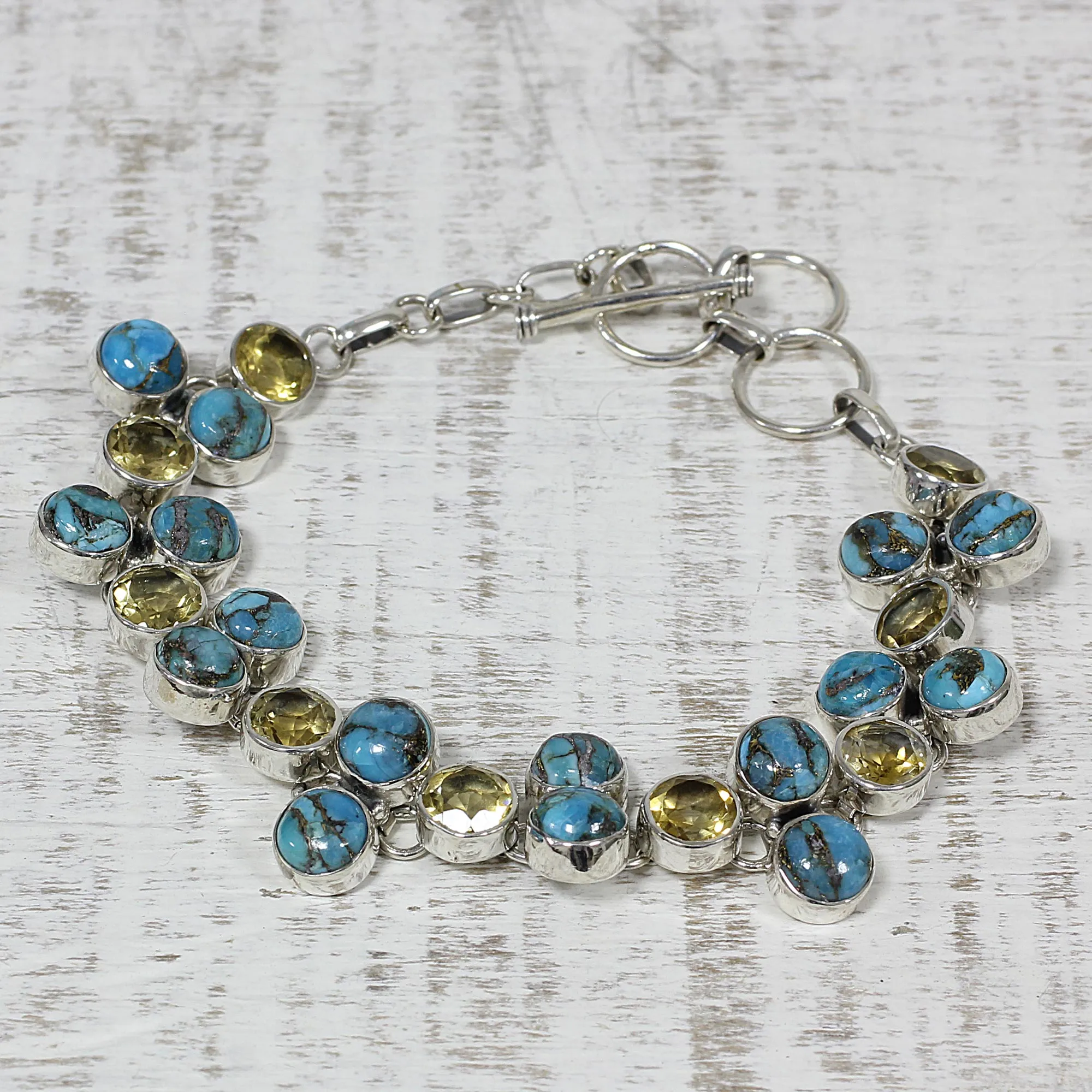 Golden Skies Citrine and Composite Turquoise Link Bracelet from India