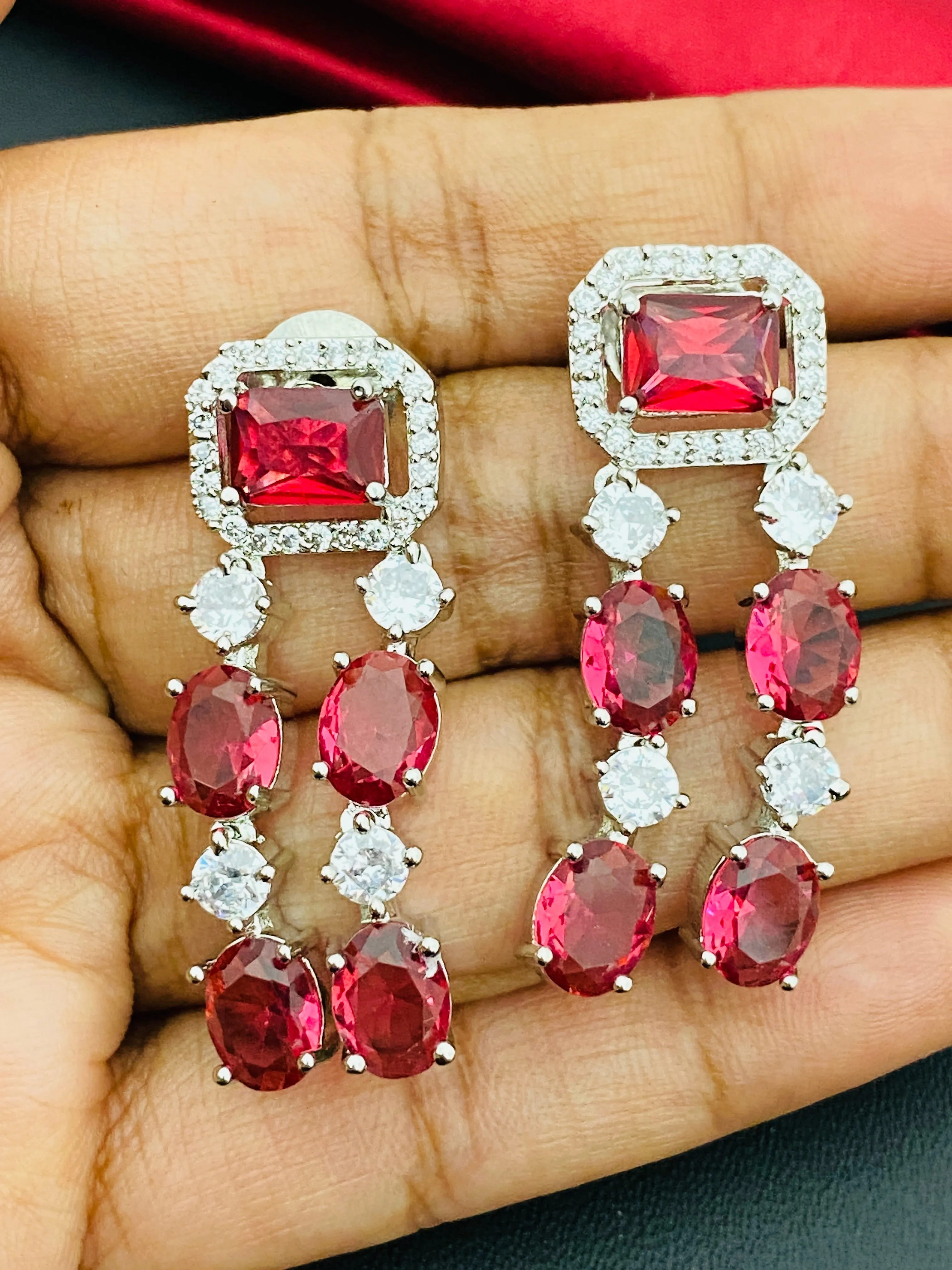 Gorgeous Ruby Stoned American Diamond Necklace With Earrings