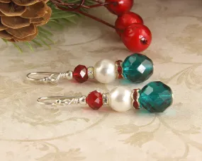 Green & Red Christmas Pearl Earrings