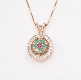 Green Emerald Flower Necklace - Natural Emerald Necklace - Vintage Rose Gold Pendant